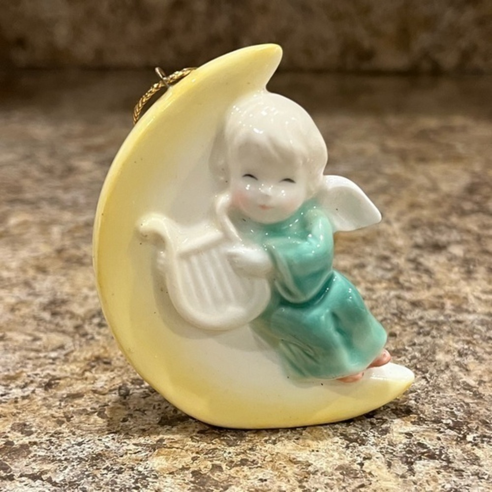Vintage 1986 Angel sitting in Moon Christmas Ornament